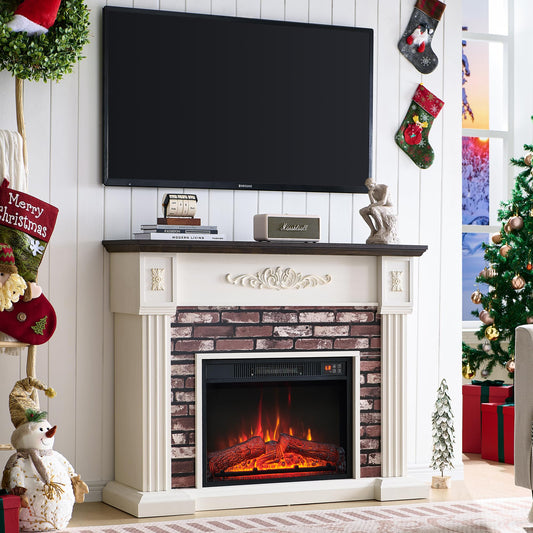 Athletgo 43" Electric Fireplace with Mantel, Electric Fireplace Heater, TV Stand w/Freestanding Electric Fireplace, Stacked Stone Surround, Remote Control, Adjustable Flame Level for Living Room