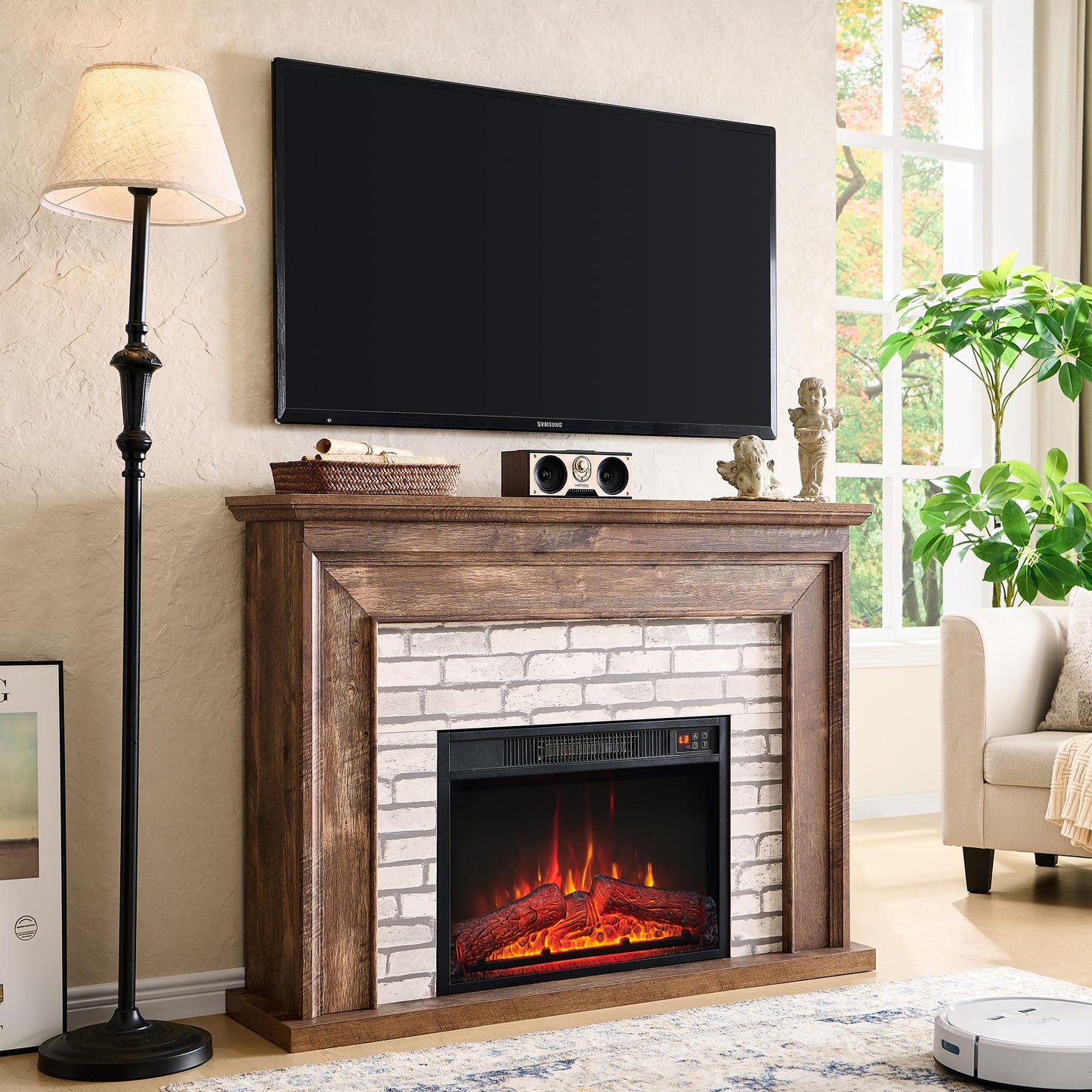 Athletgo 45" Flip Top Electric Fireplace with Mantel, Electric Fireplace Heater, TV Stand with Freestanding Electric Fireplace, Remote Control, Adjustable Flame Level for Living Room