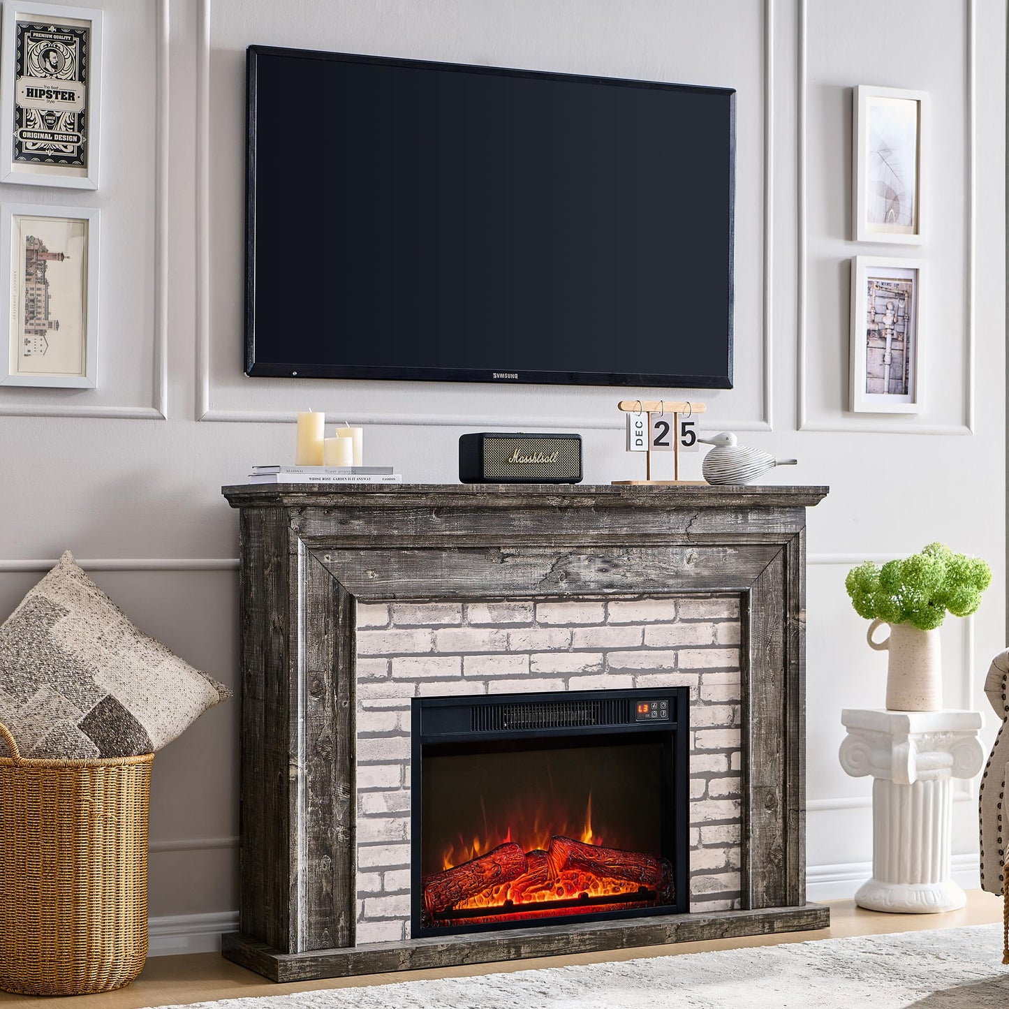 Athletgo 45" Flip Top Electric Fireplace with Mantel, Electric Fireplace Heater, TV Stand with Freestanding Electric Fireplace, Remote Control, Adjustable Flame Level for Living Room