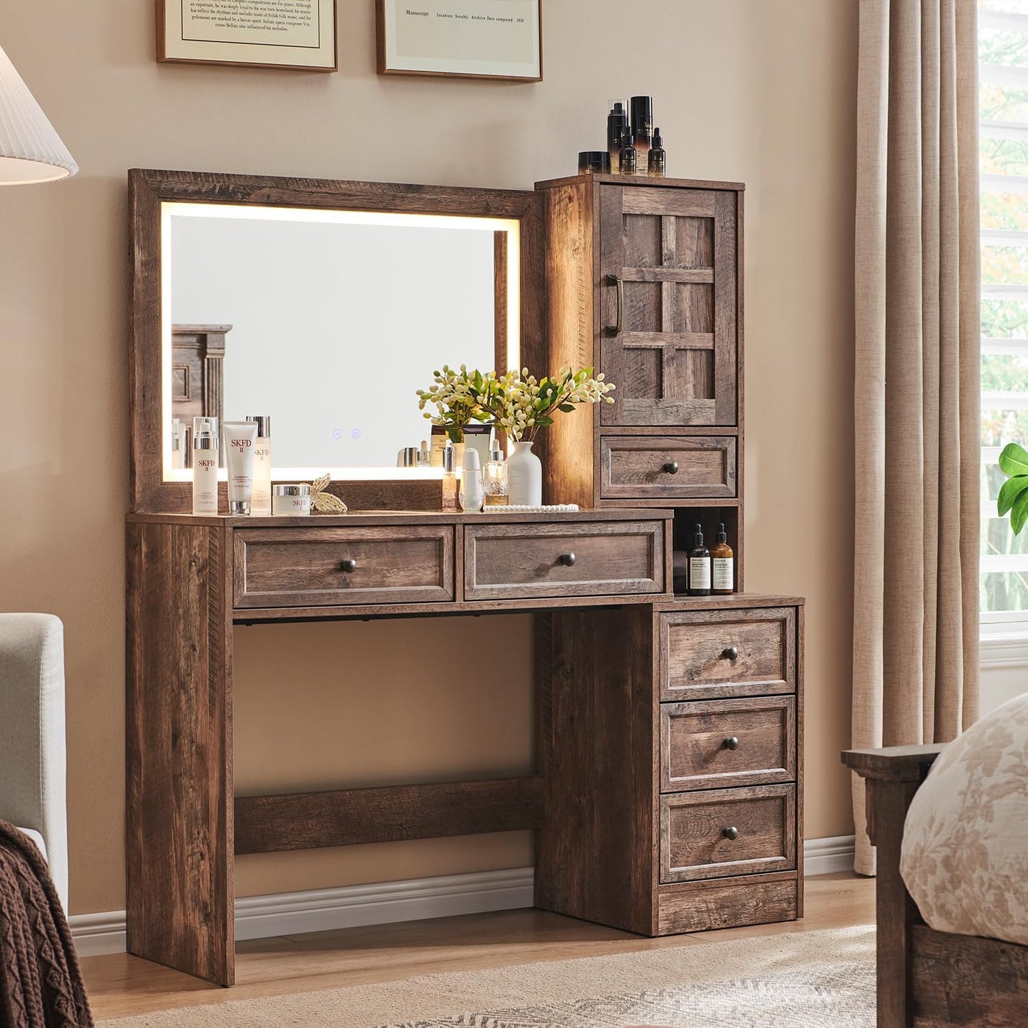 Athletgo 69" W Big Vanity Desk with Glass Top, Farmhouse Makeup Table with 9 Large Storage Drawers, Rustic Wood Bedroom Dressing Table w/3 Color Available Light & 30" HD Led Mirror, Light Grey