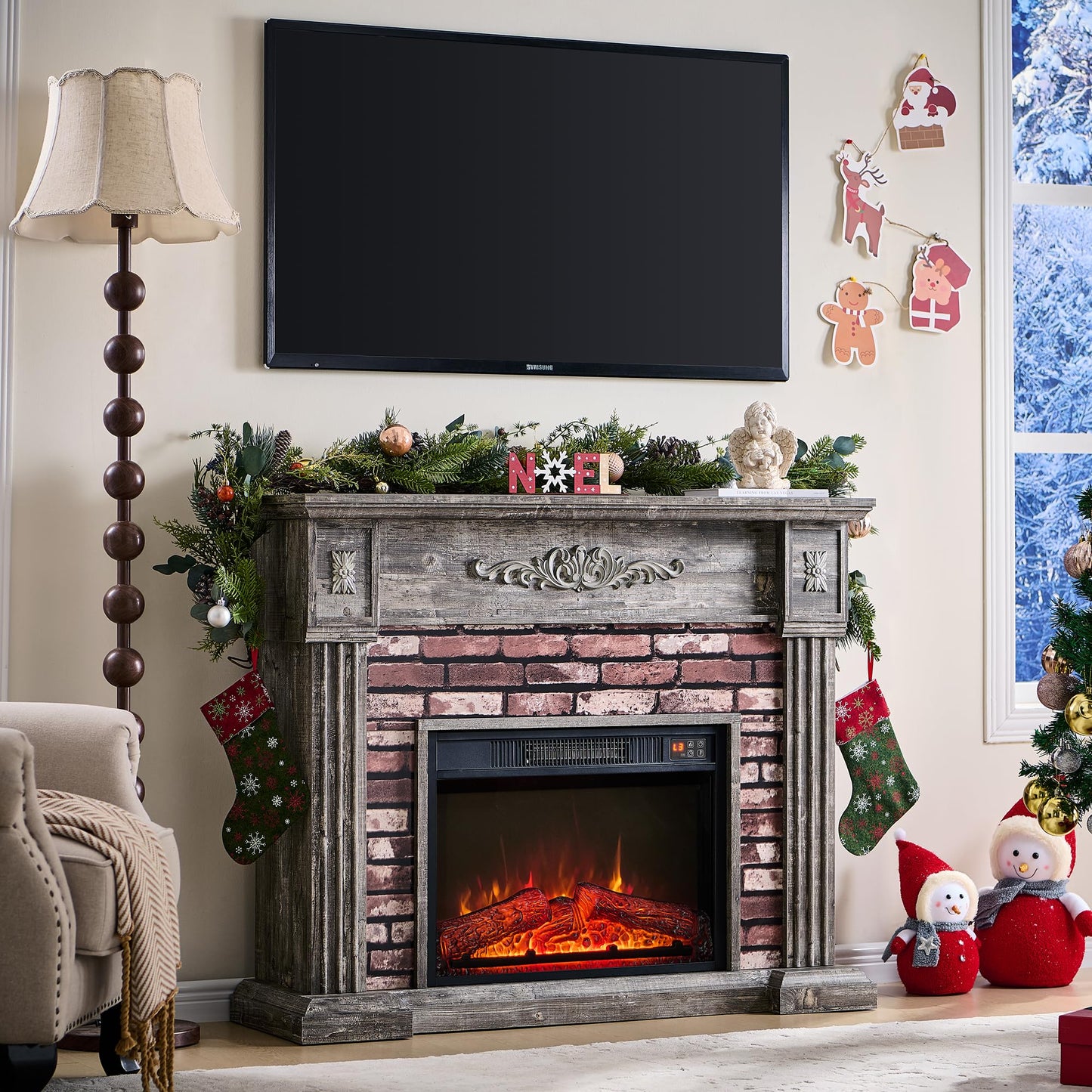 Athletgo 43" Electric Fireplace with Mantel, Electric Fireplace Heater, TV Stand w/Freestanding Electric Fireplace, Stacked Stone Surround, Remote Control, Adjustable Flame Level for Living Room