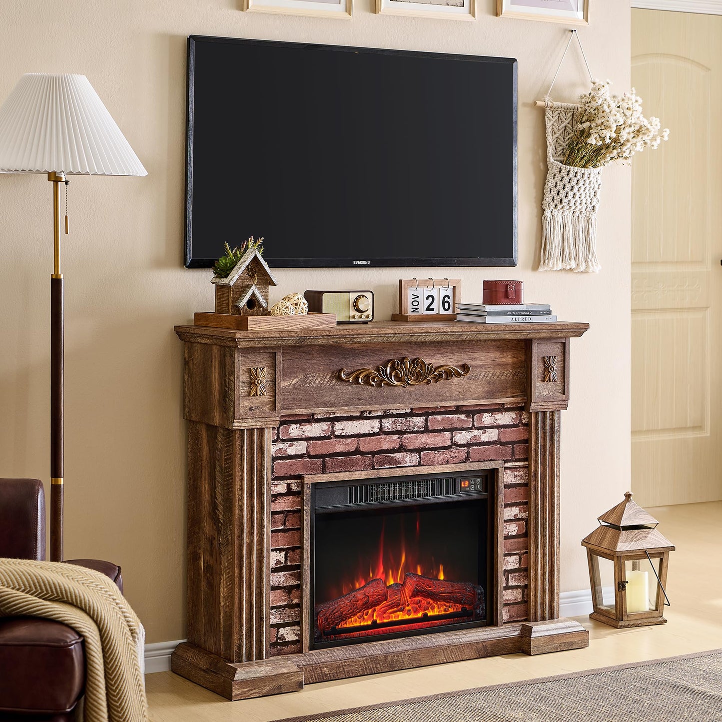 Athletgo 43" Electric Fireplace with Mantel, Electric Fireplace Heater, TV Stand w/Freestanding Electric Fireplace, Stacked Stone Surround, Remote Control, Adjustable Flame Level for Living Room