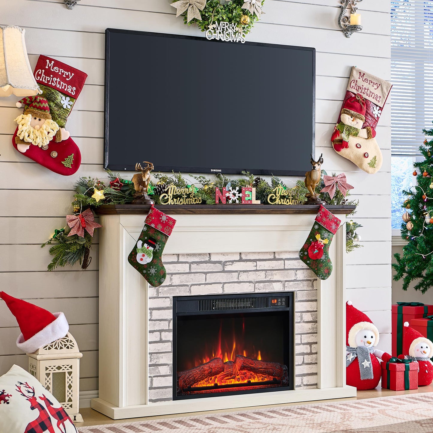 Athletgo 45" Flip Top Electric Fireplace with Mantel, Electric Fireplace Heater, TV Stand with Freestanding Electric Fireplace, Remote Control, Adjustable Flame Level for Living Room