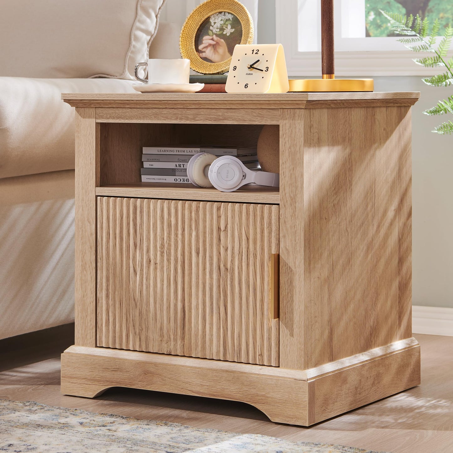 Athletgo Fluted Nightstand with Charging Station, 22" Large Modern Side Table, Wood End Table w/Open Shelf & Spacious Tabletop, Bedside Table with Storage Space for Bedroom, Living Room