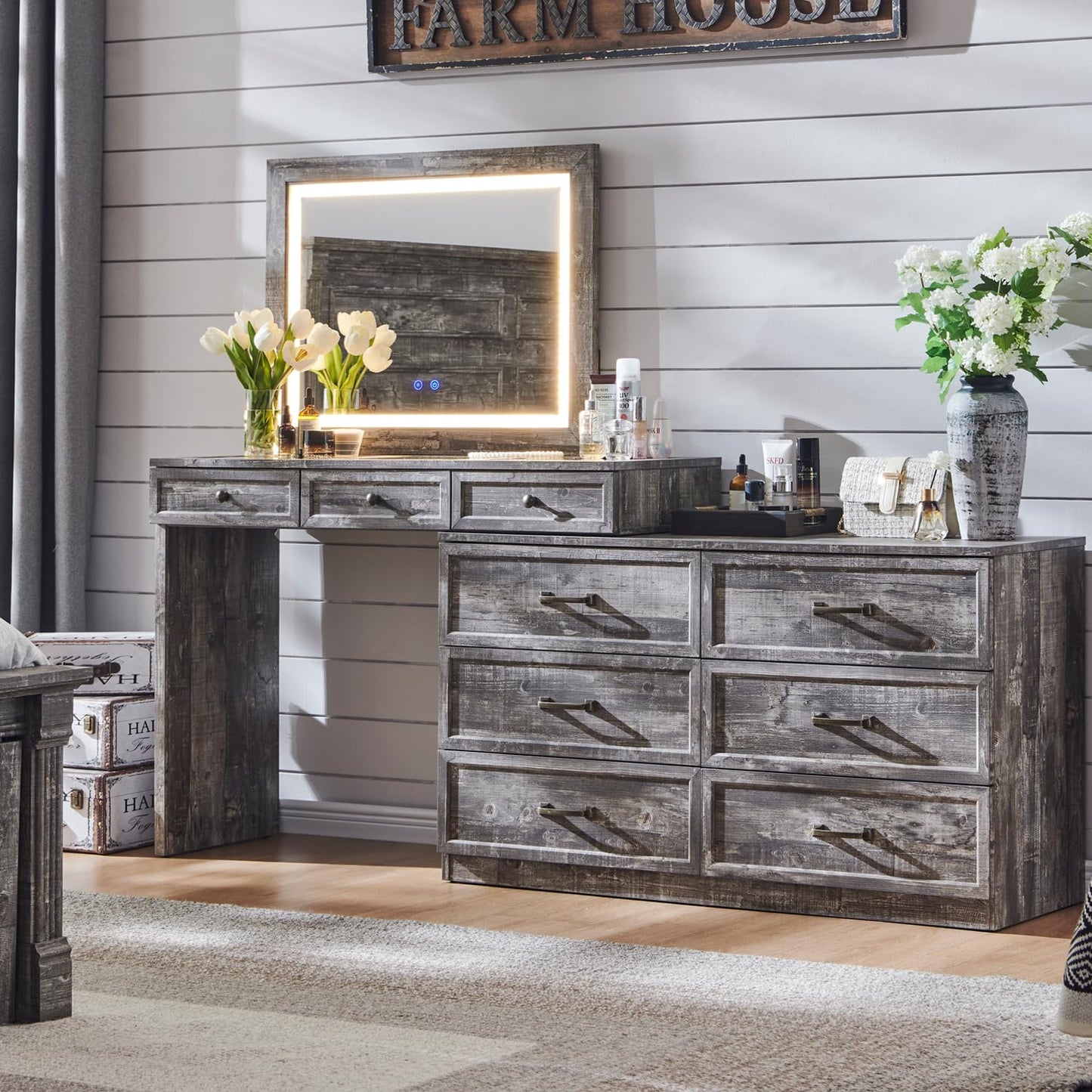 Athletgo 69" W Big Vanity Desk with Glass Top, Farmhouse Makeup Table with 9 Large Storage Drawers, Rustic Wood Bedroom Dressing Table w/3 Color Available Light & 30" HD Led Mirror, Light Grey