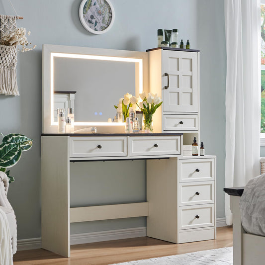 Athletgo 69" W Big Vanity Desk with Glass Top, Farmhouse Makeup Table with 9 Large Storage Drawers, Rustic Wood Bedroom Dressing Table w/3 Color Available Light & 30" HD Led Mirror, Light Grey