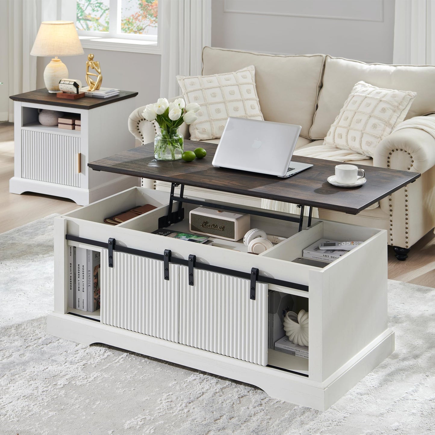 Athletgo 46" Fluted Lift Top Coffee Table with Sliding Door, Modern Center Table w/Adjustable Storage Shelf & Hidden Compartment, Office