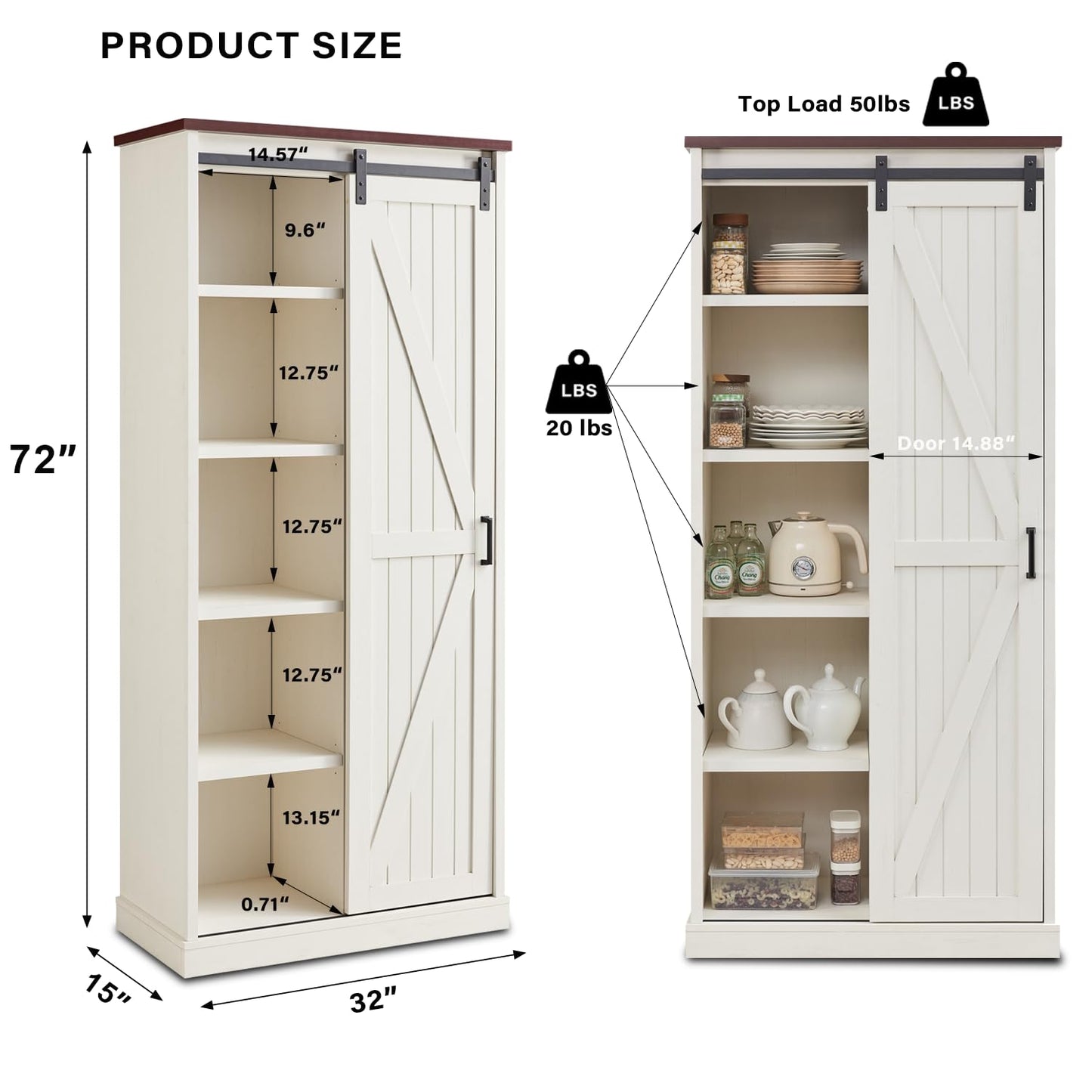 Athletgo 72" Tall Farmhouse Bookshelf, 32" Wide Large Modern Wooden Bookcase with Sliding Barn Door, 5-Tier Display Cabinet with Adjustable Shelves