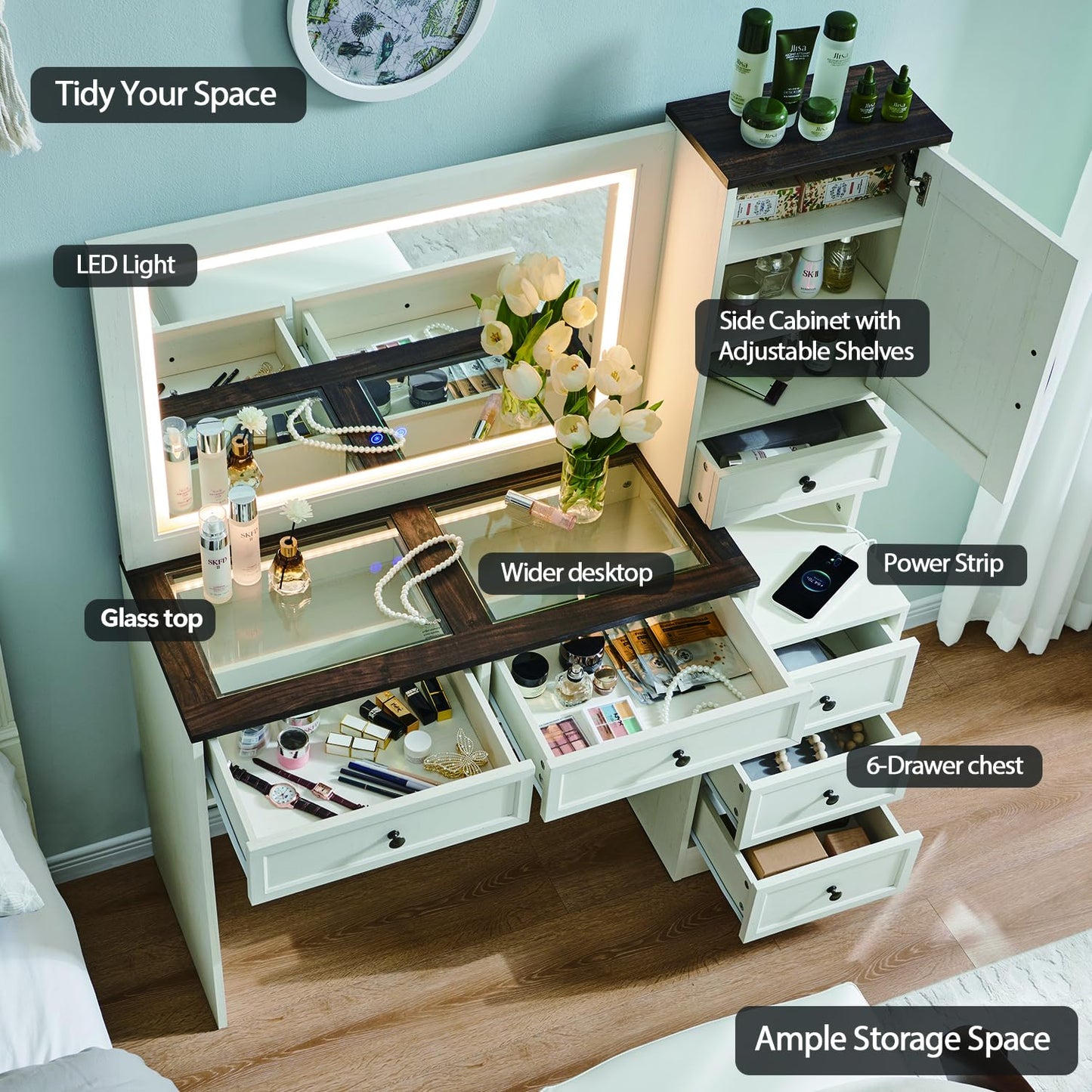 Athletgo 69" W Big Vanity Desk with Glass Top, Farmhouse Makeup Table with 9 Large Storage Drawers, Rustic Wood Bedroom Dressing Table w/3 Color Available Light & 30" HD Led Mirror, Light Grey